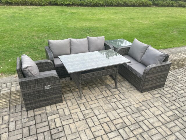 Fimous 6 Seater Garden Rattan Furniture Dining Table Sofa Set Indoor Outdoor with Reclining Chairs Side Table Dark Grey Mixed
