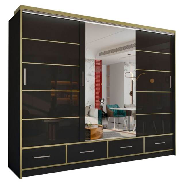 Sliding Wardrobes 4U Sydney High Gloss Sliding Wardrobe with Mirror, LED & Drawers - 203cm or 253cm Black Black203cm 253cm