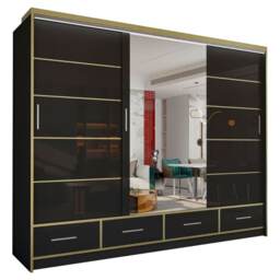 High Gloss Mirrored Sliding Door Wardrobe with Drawer Black 253cm