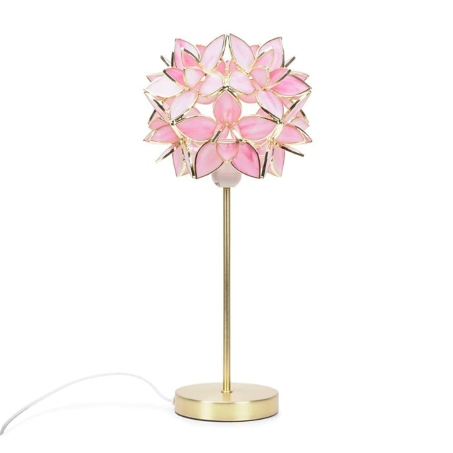 ValueLights Charlie Gold Table Lamp Pink Reine Glass Shade and Bulb