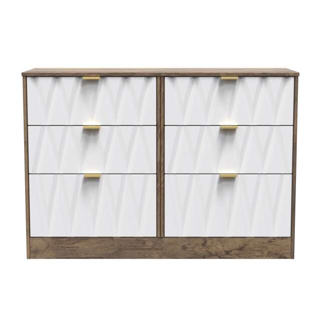Washington 6 Drawer Wide Chest of Drawers in White Matt & Vintage Oak (Ready Assembled) White White Matt & Vintage Oak