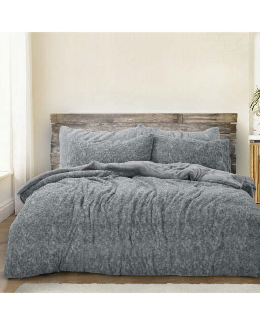 Velosso Teddy Marl Fluffy and Warm Fleece Duvet Cover Set Grey Charcoal Single