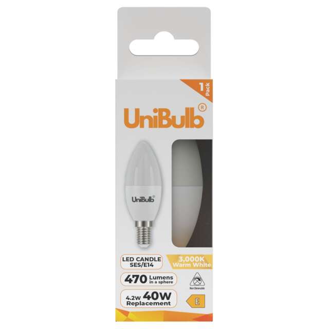 UniBulb LED Candle E14 Small Edison Screw (SES) 470lm 4.2W (Replaces 40W) 3000K (Warm White) Light Bulb - Pack of 2