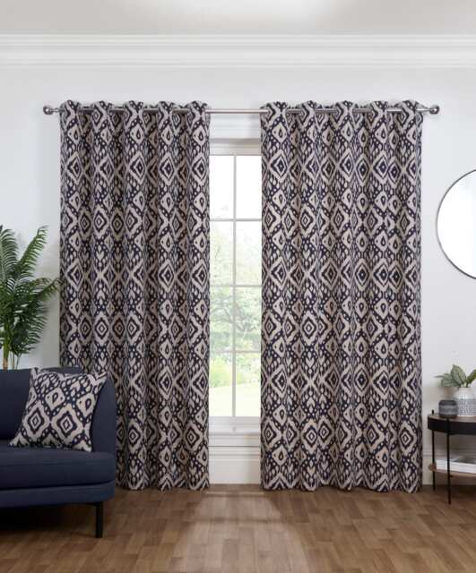 Marrakech - Fully Lined Floral Curtains - Eyelet - Polycotton (Navy, 90'' x 90'' - 229cm x 229cm (Pair))