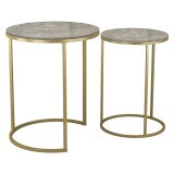 2Pc Round Nesting Stackable Sofa Side Bedside End Table Set Wood Top Metal Legs Multi Concrete Top with Gold Legs