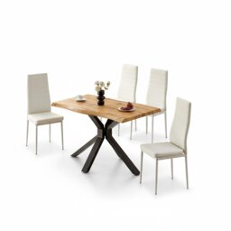 Wooden Dining Table X-Shaped Legs with 4 White Faux Leather Chairs - Dining Kitchen Room Furniture