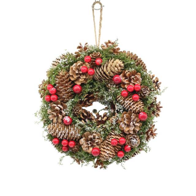 Christmas Wreath Festive Decoration with Jute Hanger Traditional Pinecone Decor Multi Brown & Red Berries 34cm 1