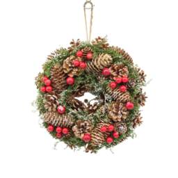 Christmas Wreath Festive Decoration with Jute Hanger Traditional Pinecone Decor Multi Brown & Red Berries 34cm 1