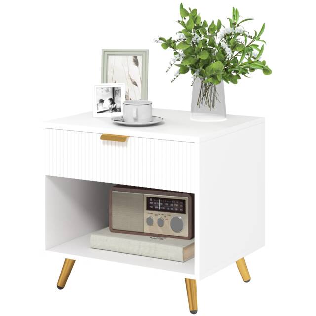 HOMCOM Bedside Table, Bedside Cabinet With Drawer and Open Compartment, Nightstand With Handle for Bedroom, Living Room, White