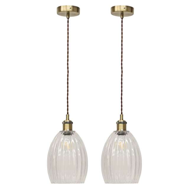 Set of 2 Birch - Clear Fluted Glass Antique Brass Retro Pendants