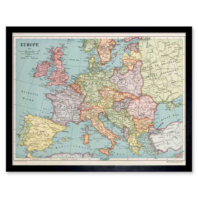 "Map Whitney Graham 1930 Europe Political 12x16"" Framed Wall Art Print"