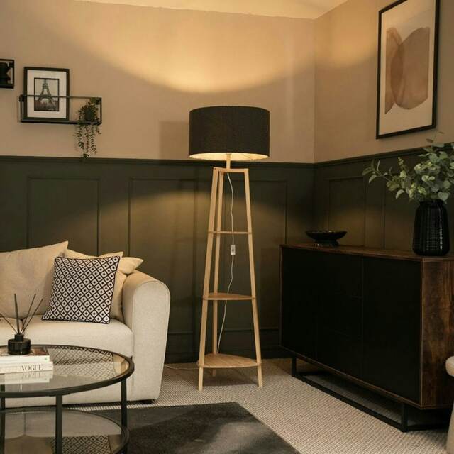 ValueLights Hiru Wooden 3 Tier Shelf Floor Lamp Charocal Boucle Shade Brown Charcoal