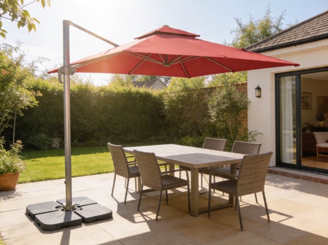 3m Red Octagon Parasol With Cross Base and 65mm Aluminium Pole Sun Shade Garden Outdoor Beach Patio