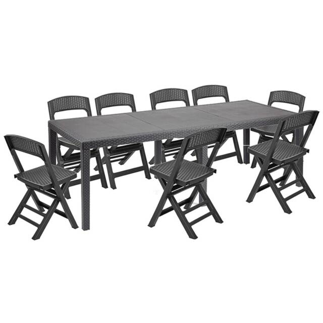Long Anthracite Garden Dining Table & Foldable Chairs Set Outdoor Furniture