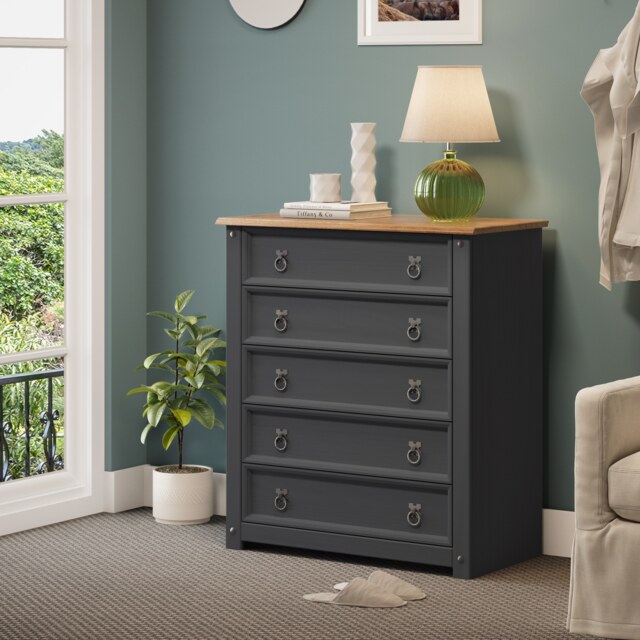 Mercers Furniture Corona Charcoal Small 5 Drawer Chest Of Drawers Solid Wood Pine Wooden Dark Grey Bedroom with Mexican Styling