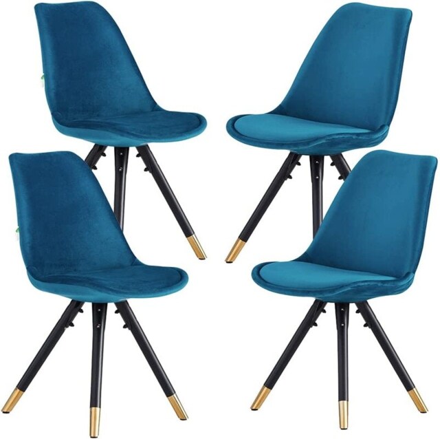 Set of 4 Sofia Ergonomic Modern Dining Chairs Upholstered in Velvet, Metal Legs with Gold End Tips Blue