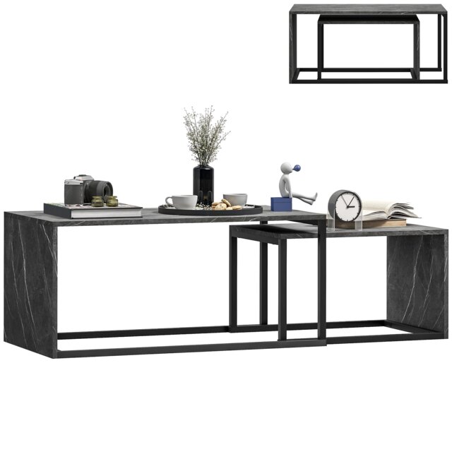 HOMCOM Nesting Coffee Table Set of 2, Industrial Stacking Side End Tables with Metal Frame for Living Room, Bedroom, Dark Grey Marble Effect