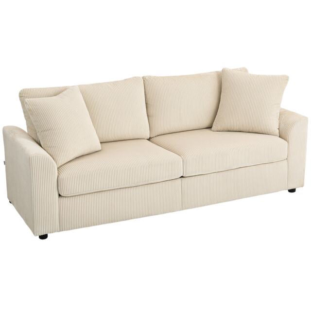 HOMCOM Modern 3 Seater Sofa with Spring Cushion, 212 cm Fabric Jumbo Cord Sofa Couch with 2 Scatter Cushions, Upholstered Corduroy Settee for Living Room, Bedroom, Home Office, Cream White Cream One Size