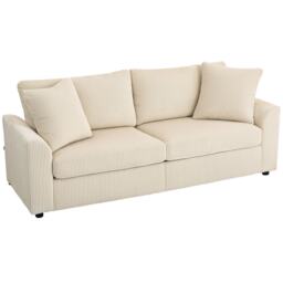 HOMCOM Modern 3 Seater Sofa with Spring Cushion, 212 cm Fabric Jumbo Cord Sofa Couch with 2 Scatter Cushions, Upholstered Corduroy Settee for Living Room, Bedroom, Home Office, Cream White Cream One Size