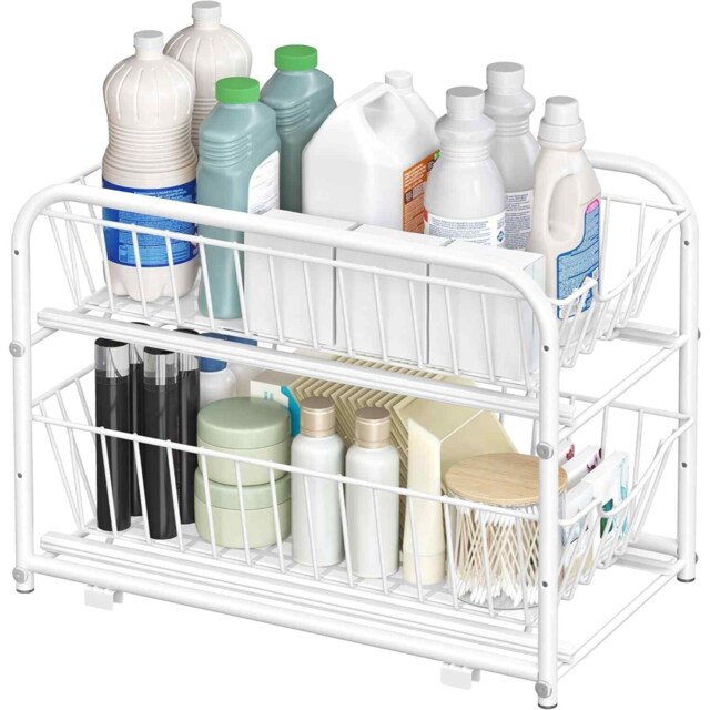2-Tier Under Sink Storage Organiser with Sliding Drawers, Stackable Cabinet Shelf for Kitchen and Bathroom, Matte White
