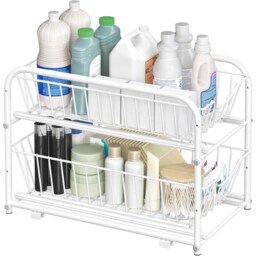 2-Tier Under Sink Storage Organiser with Sliding Drawers, Stackable Cabinet Shelf for Kitchen and Bathroom, Matte White