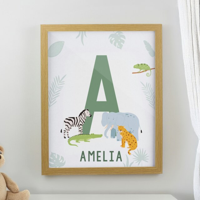 Personalised Animal Initial Oak Poster Frame Brown One Size