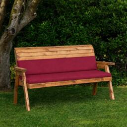Hand Made 3 Seater Chunky Rustic Wooden Garden Bench & Waterproof Burgundy Cushions