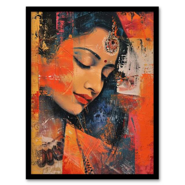 Young Indian Woman Portrait Modern Beauty Black Framed Wall Art Print A4
