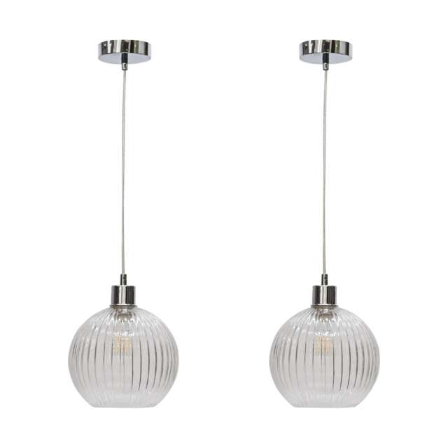 Set of 2 Betchley - Clear Ribbed Glass Globe with Chrome Pendants Clear Clear ribbed glass with polished chrome plate detail Small 2