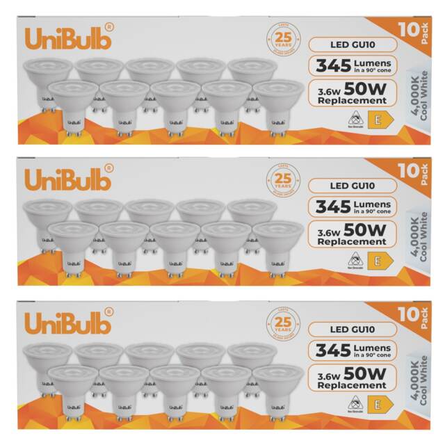 UniBulb LED GU10 345lm 3.6W (Replaces 50W) 4000K (Cool White) Spotlight Downlight Light Bulb - Pack of 30