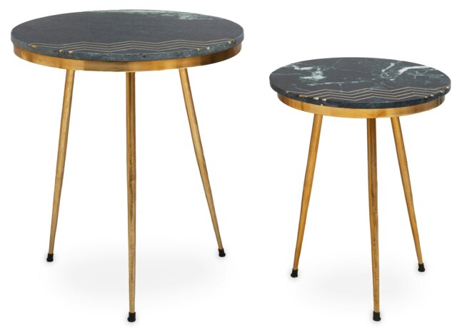 Interiors by Premier Green Marble Side Table (Set of 2), Rich Green Marble Tabletops with Gold Iron Criss‑Cross Legs Green