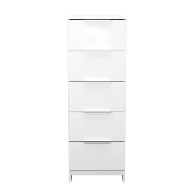 Dover 5 Drawer Tall Bedside Cabinet in White Matt & White (Ready Assembled) White White Matt & White
