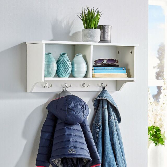 Coat Hook Wall Mounted Unit 2 Open Shelves 4 Robe Hooks Bathroom Hallway White