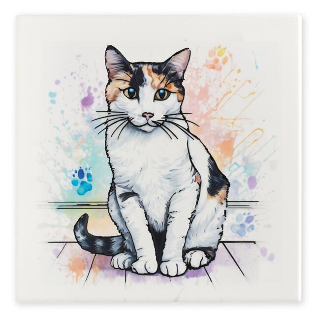 Ceramic Cat Tile Calico Cat Artwork Wall Decor 20 x 20cm