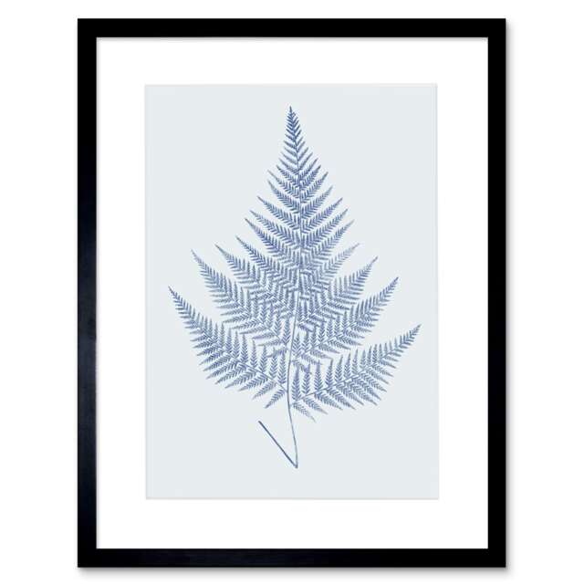 "Elegant Botanical Cobalt Blue Fern Leaf Eppusum 9x7"" Black Framed Wall Art Print"