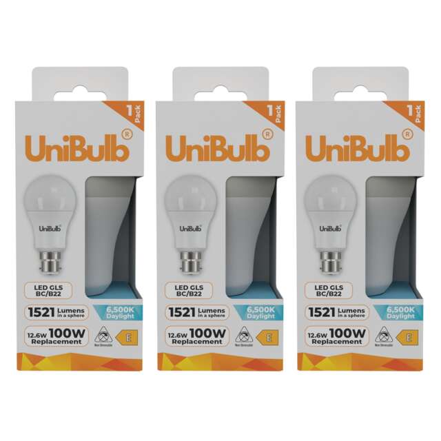UniBulb LED GLS B22 Bayonet Cap (BC) 1521lm 12.6W (Replaces 100W) 6500K (Daylight) Light Bulb - Pack of 3