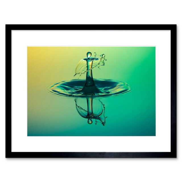 "Water Droplet Reflection Pond Lake Green 9x7"" Black Framed Wall Art Print"