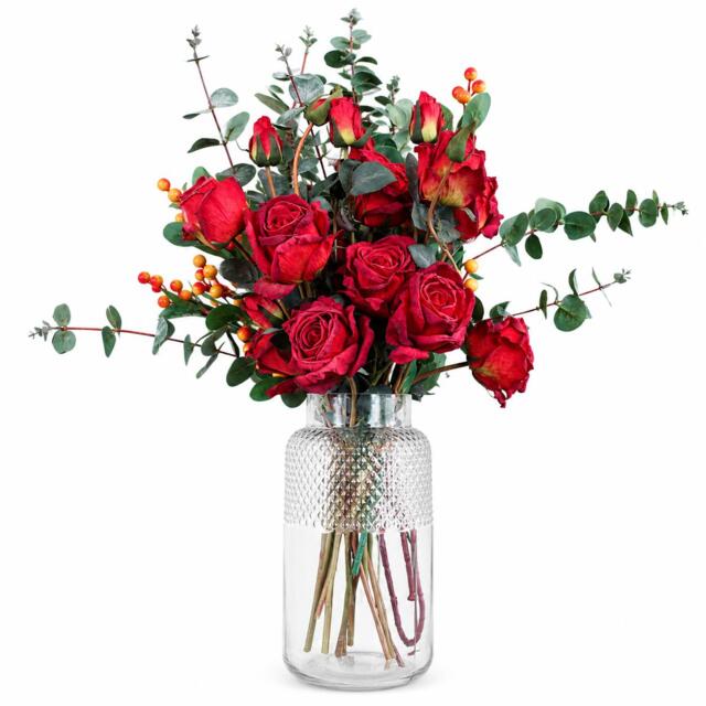 60cm Red Rose and Eucalyptus Glass Diamond Vase