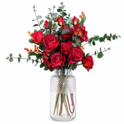 60cm Red Rose and Eucalyptus Glass Diamond Vase
