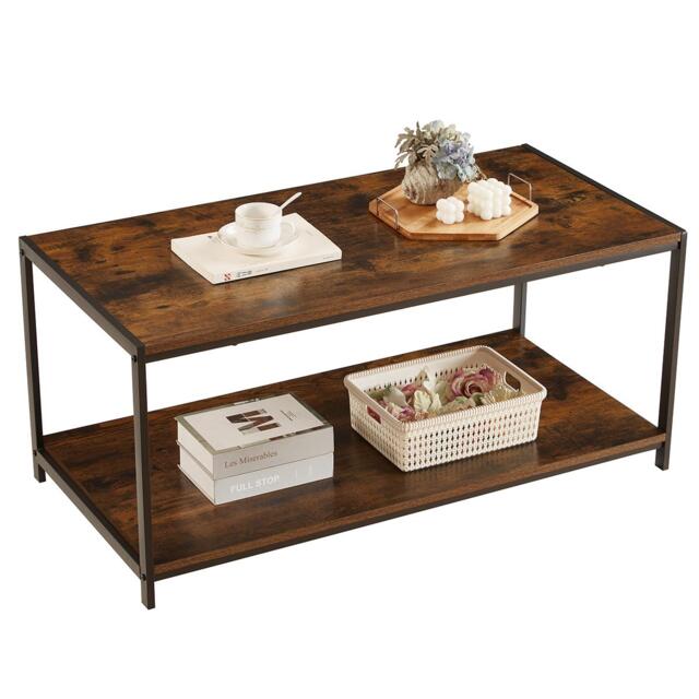 House of Home Coffee Table Rustic Wooden Brown Grain Finish Living Room Shelf 2 Tier Brown Rustic Brown