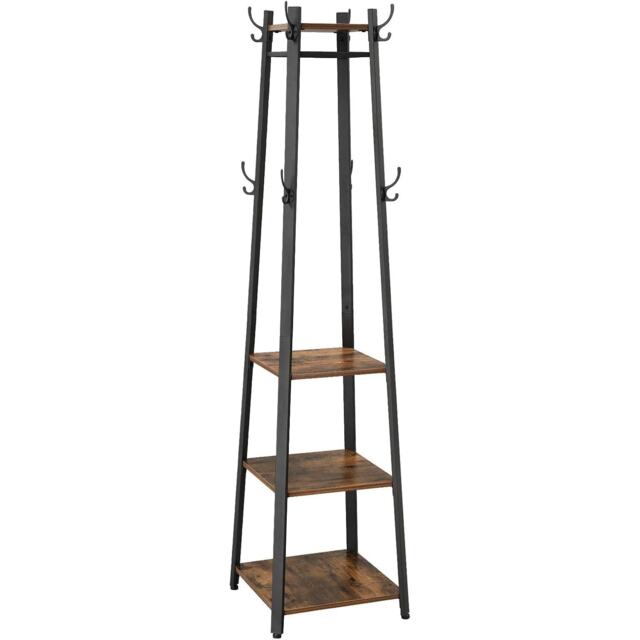 Freestanding Coat Rack Storage Unit with Hooks and Shelves, Industrial Metal Frame, Rustic Brown