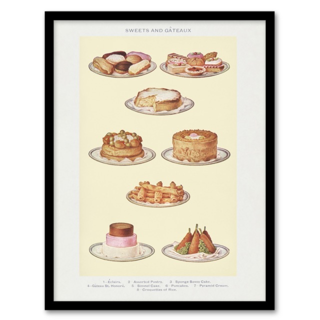 "Sweets and Gateaux Cakes Mrs Beeton Framed Wall Art Print 12X16"""