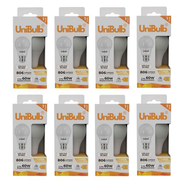 UniBulb LED GLS B22 Bayonet Cap (BC) 806lm 7.3W (Replaces 60W) 3000K (Warm White) Light Bulb - Pack of 8 Clear Warm White GLS 8