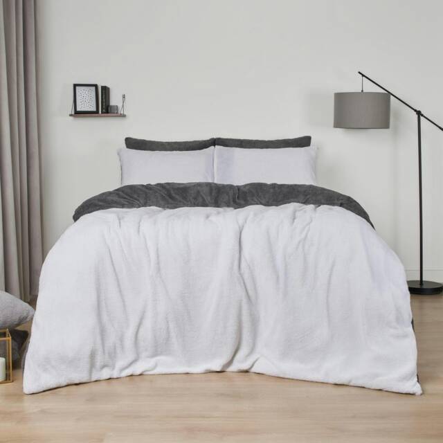 OHS Soft Reversible Teddy Fleece Duvet Cover and Pillowcase Bedding Set, Single - Charcoal Grey/White