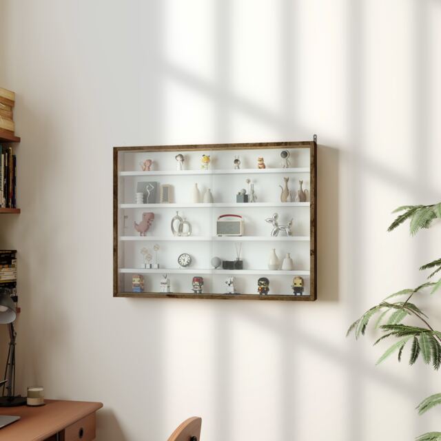 HOMCOM 5-Tier Wall Display Shelf Unit Cabinet w/ 4 Adjustable Shelves Glass Doors Home Office Ornaments 60x80cm Rustic brown Brown