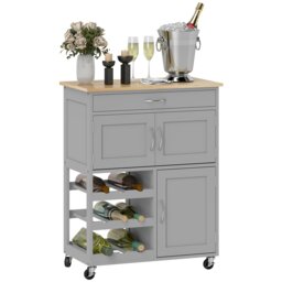 HOMCOM Rolling Kitchen Island Trolley Storage Cart w/ Rubberwood Top, Grey Grey Grey
