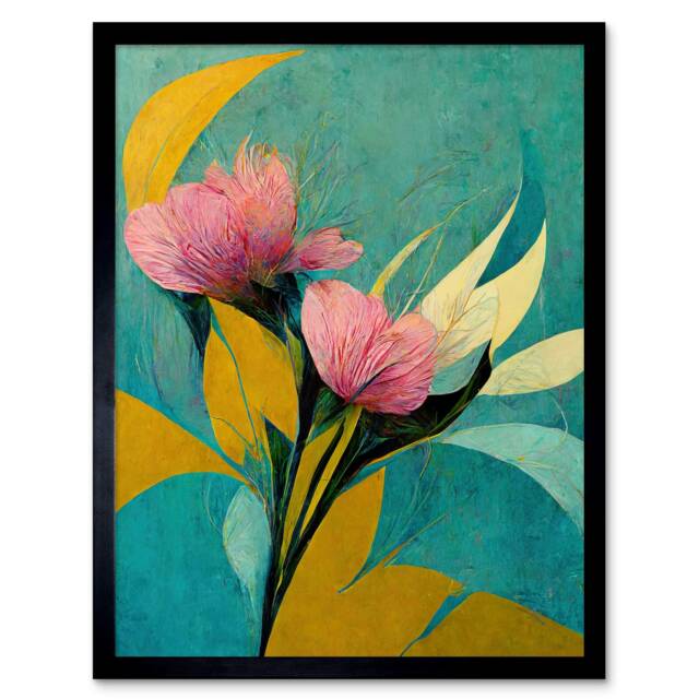 Abstract Teal Pink Mustard Flower Floral Painting Framed Wall Art Print