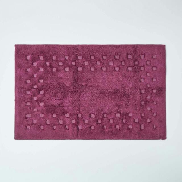 Homescapes Cotton Check Border Bath Mat - Aubergine Purple 45 x 75 cm