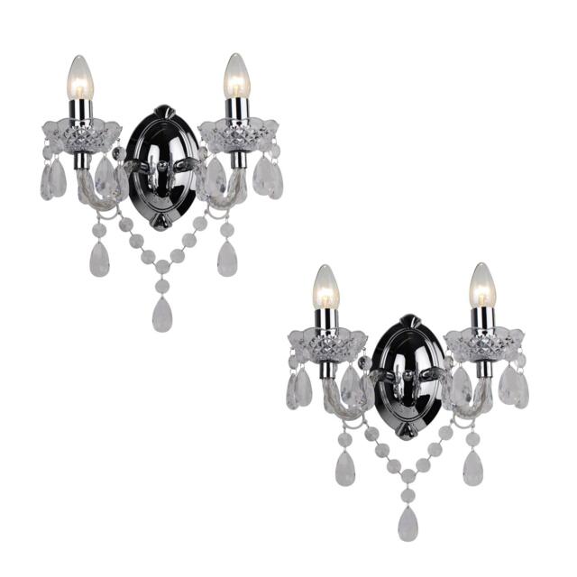 Set of 2 Clear and Chrome Marie Therese Style 2 x 40W Wall Light Clear Clear acrylic with polished chrome plate detail Small 2
