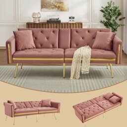 VILUXE 174cm 2 Seater Velvet Sofa Bed with 3-Position Adjustable Backrest, Hidden Cup Holders, High-Density Foam and Gold-Tone Metal Legs, Pink